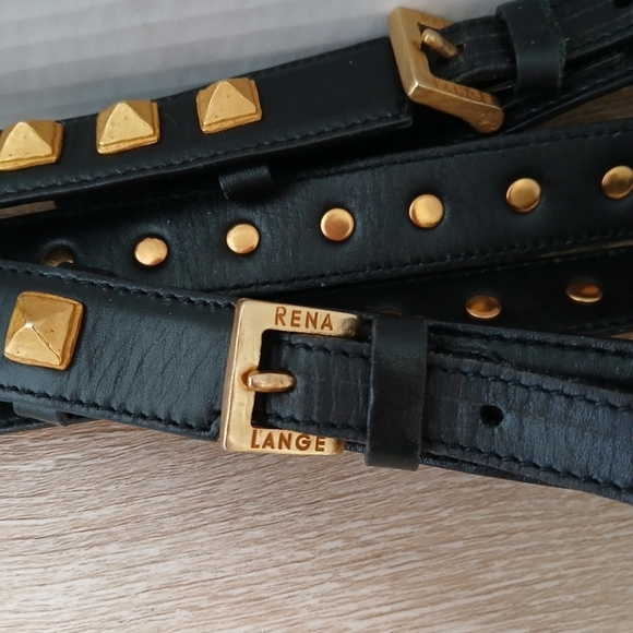 60\'s RARE Vintage Rena Lange Double Strap Belt Leather Bronze Tone Grommets  XS main image 10